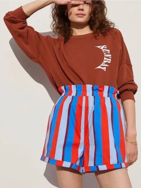 FARM Rio Pants - Farm Rio x Anthropologie Paperbag High Waist Blue Red Striped Shorts Size M